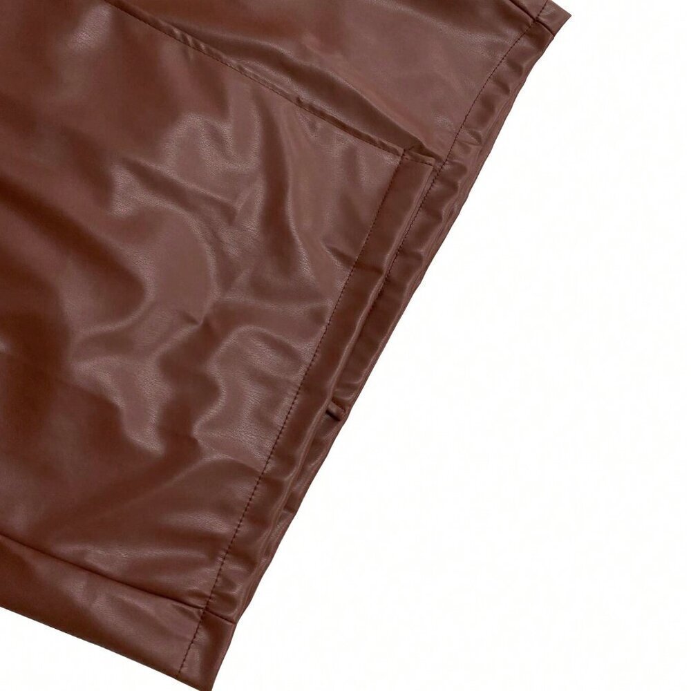 Khaki Elegant Women's Faux Leather Button Warm Long Sleeve Coat - Picture 6 of 7